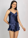 Women Dark Blue Solid Satin Camisole & Shorts Set