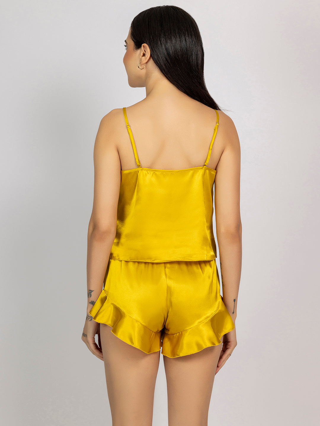 Women Mustard Yellow Solid Satin Camisole & Shorts Set