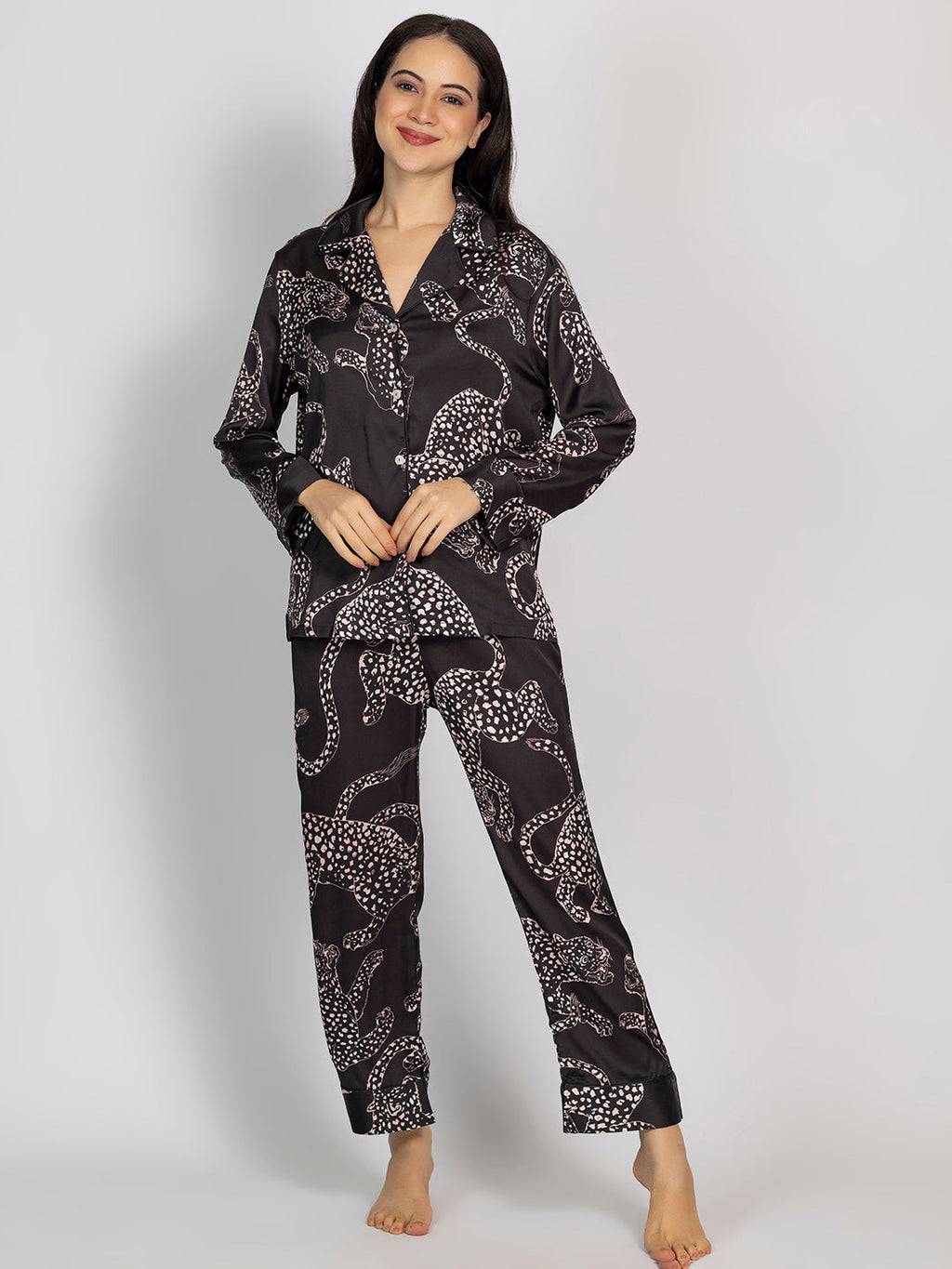 Black Animal Printed Satin Shirt & Pajama Set