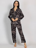 Black Animal Printed Satin Shirt & Pajama Set