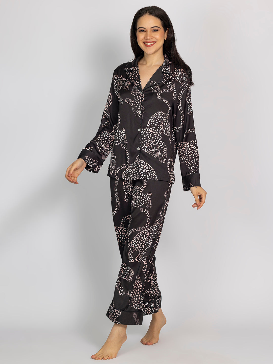 Black Animal Printed Satin Shirt & Pajama Set