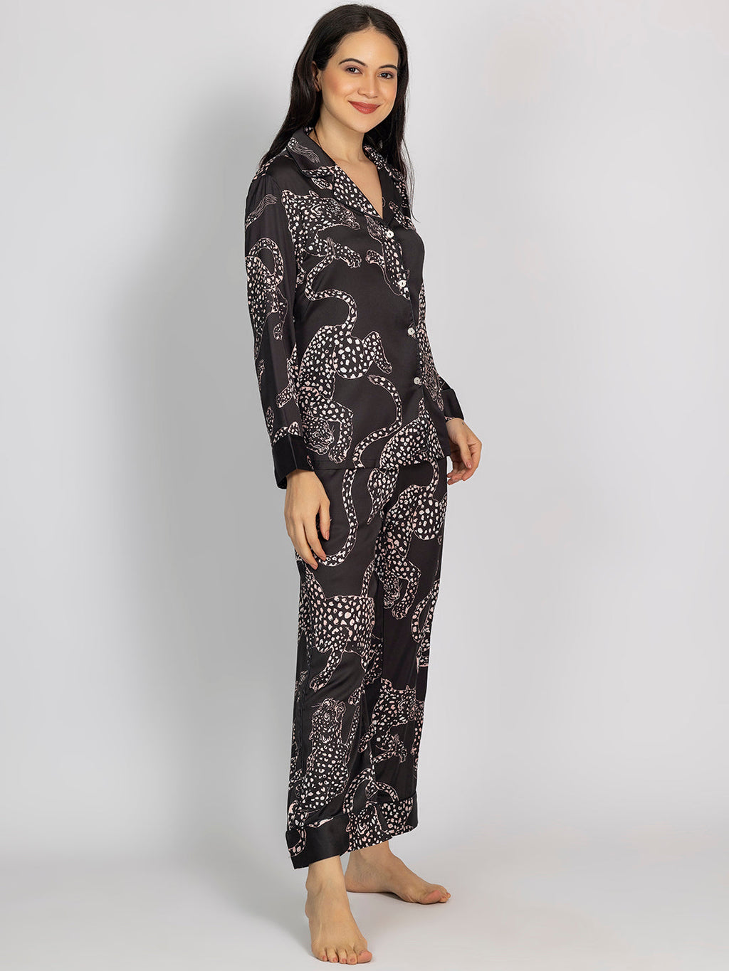 Black Animal Printed Satin Shirt & Pajama Set