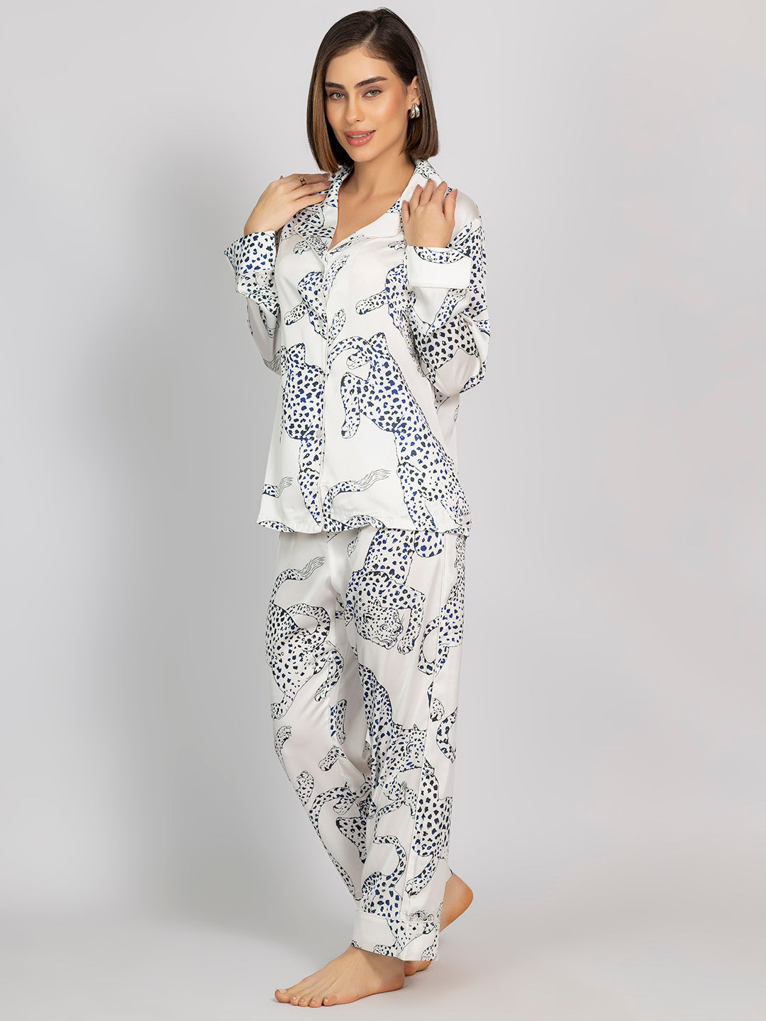 White Animal Printed Satin Shirt & Pajama Set