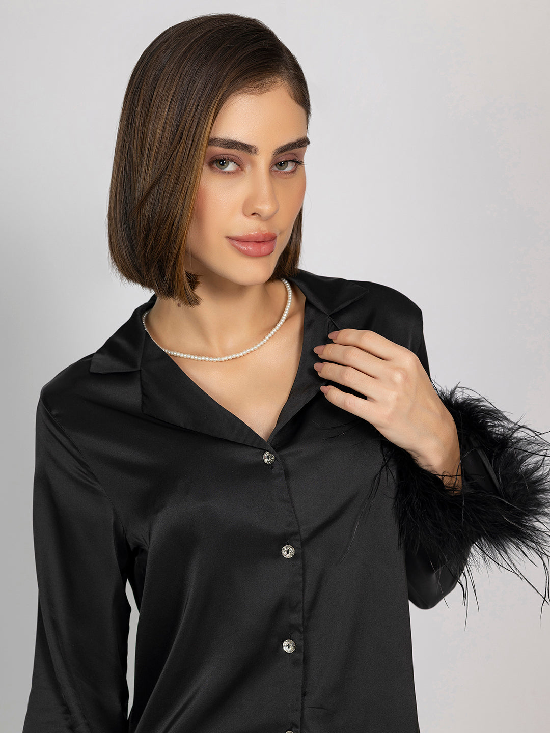 Satin Night Suit Set – Solid Shirt & Pajama With Elegant Fur