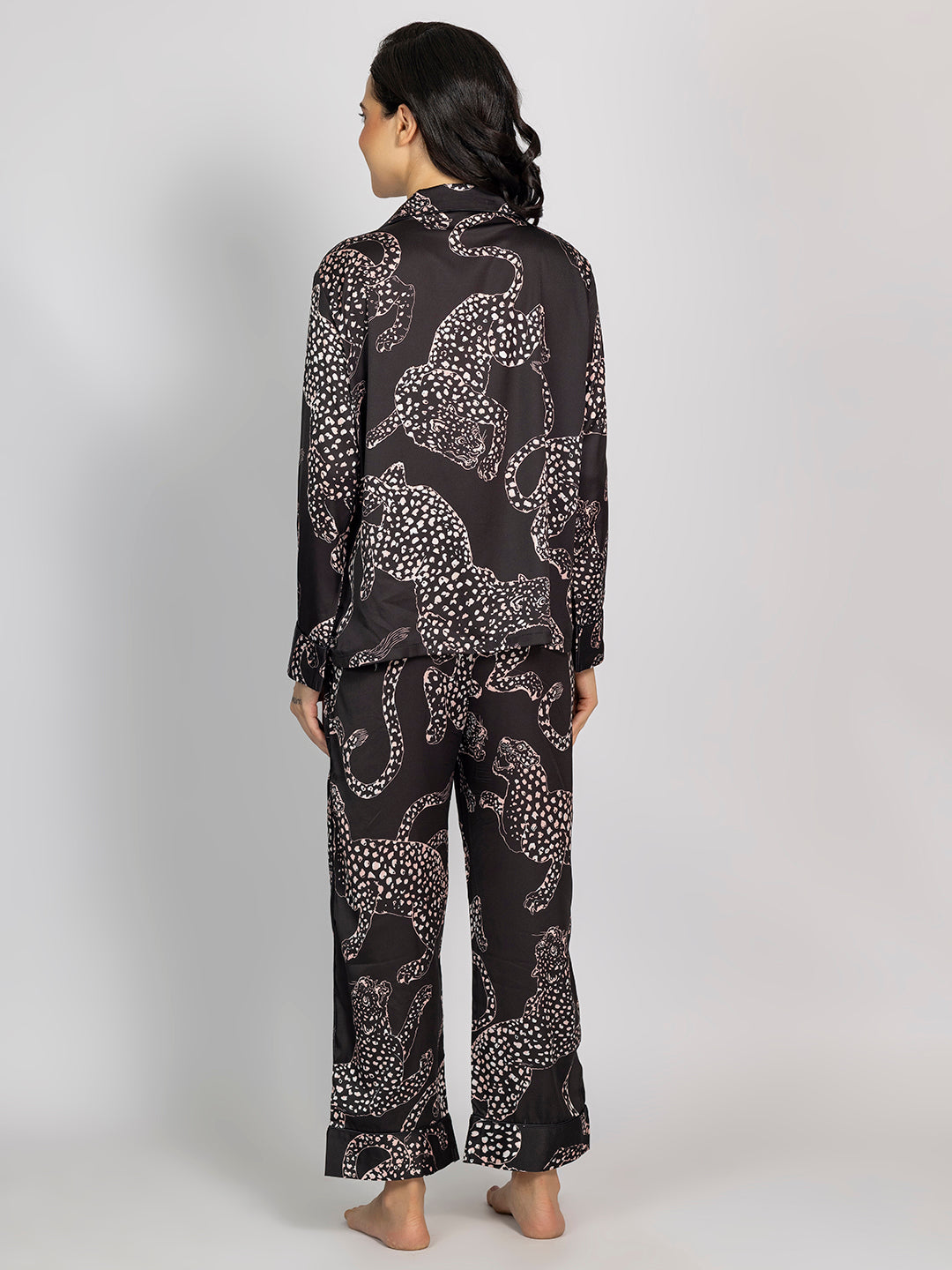 Black Animal Printed Satin Shirt & Pajama Set