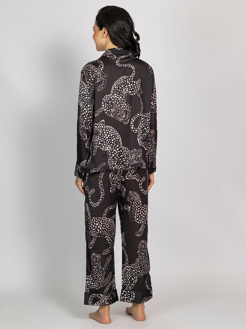 Black Animal Printed Satin Shirt & Pajama Set
