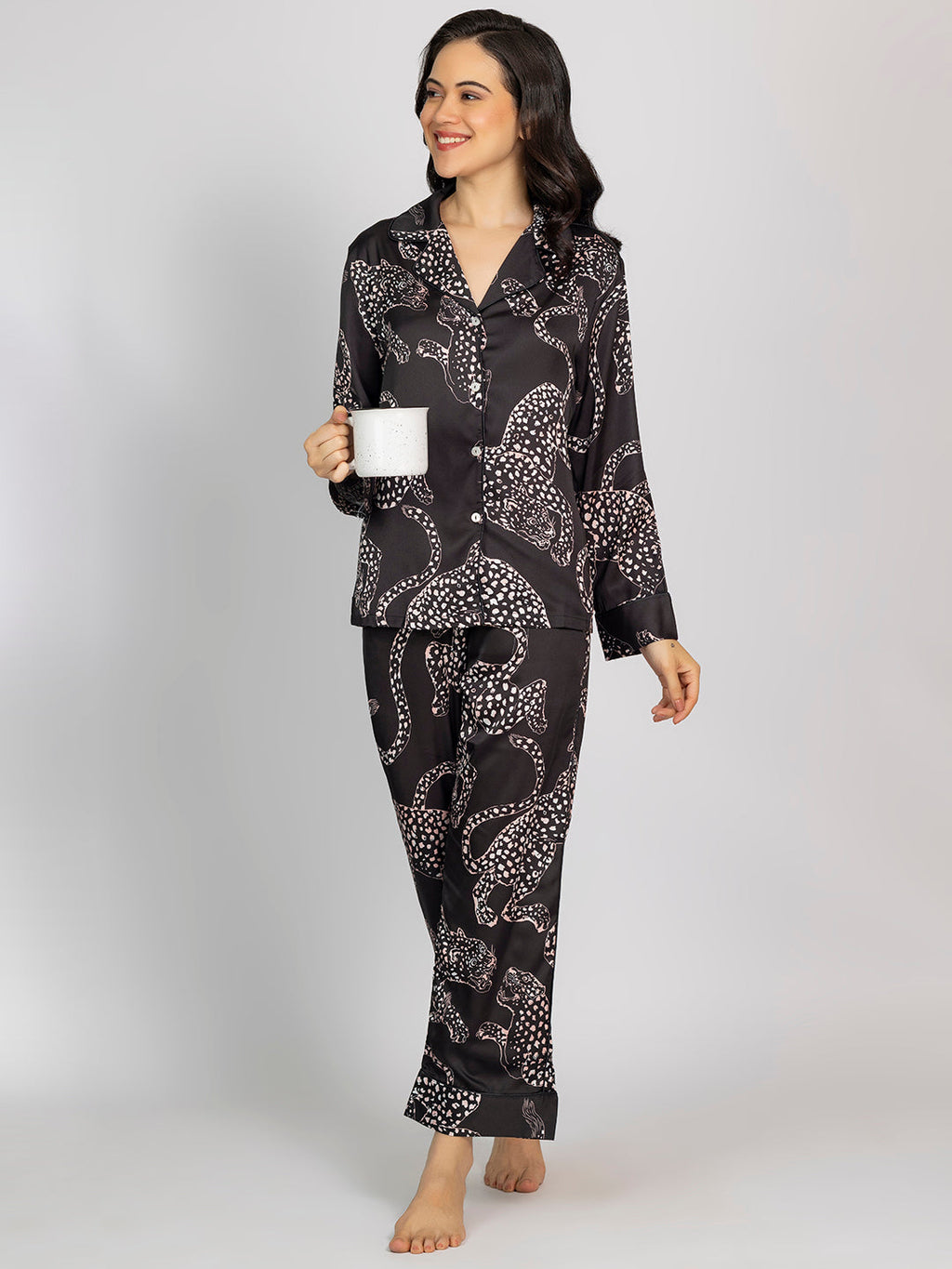 Black Animal Printed Satin Shirt & Pajama Set