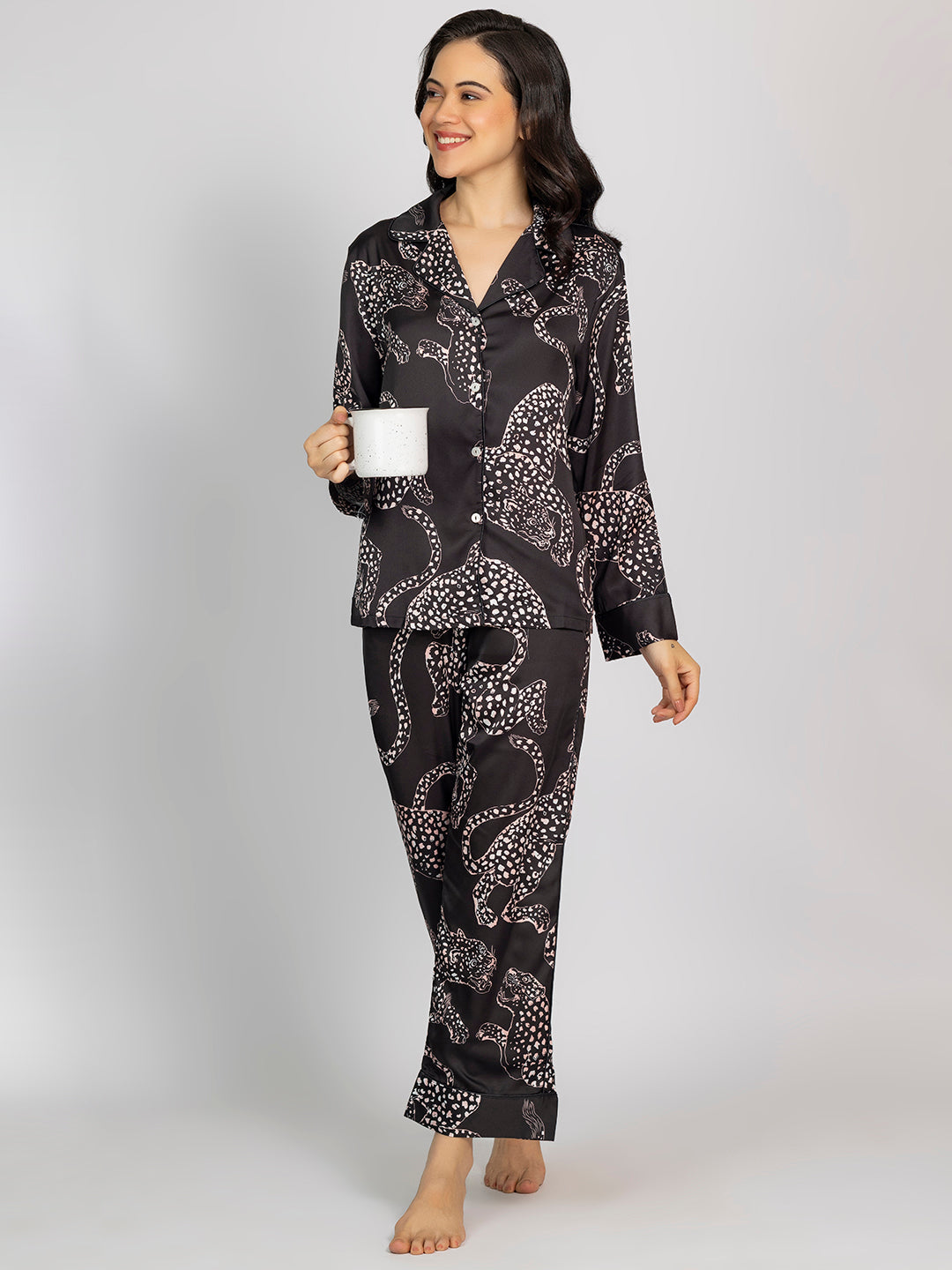 Black Animal Printed Satin Shirt & Pajama Set