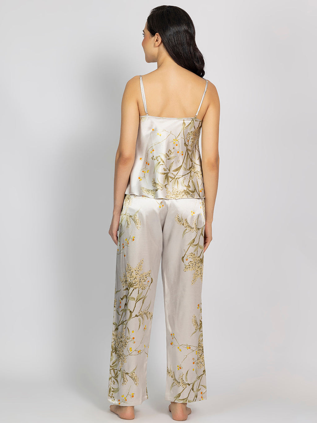 Grey Satin Printed Camisole & Pajama Set