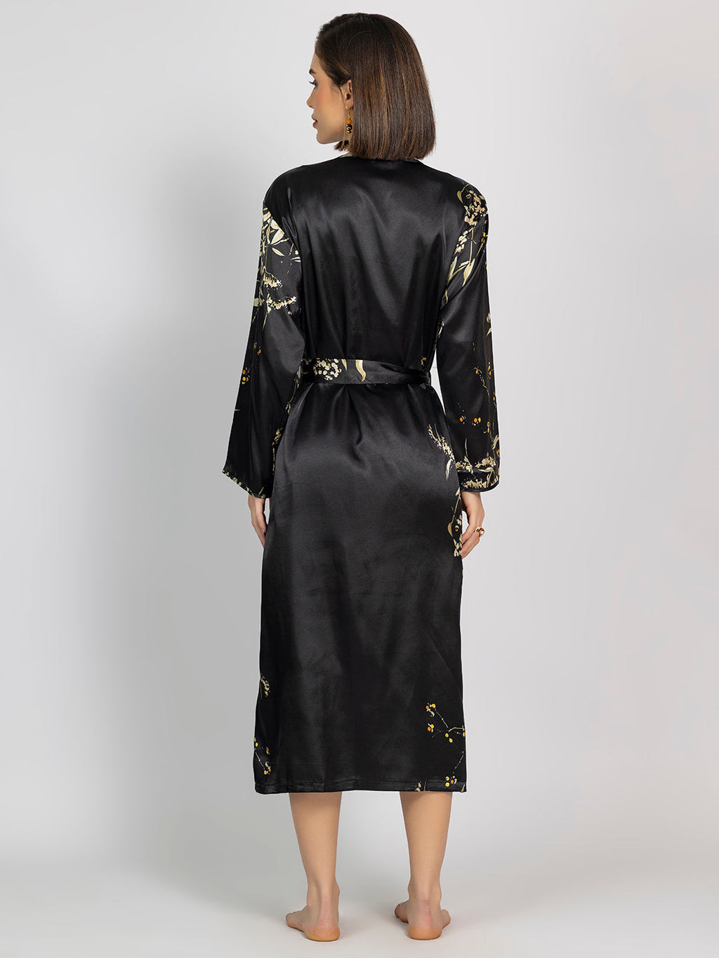 Black Floral Satin Pack Of 5 -Robe Set Nightwear