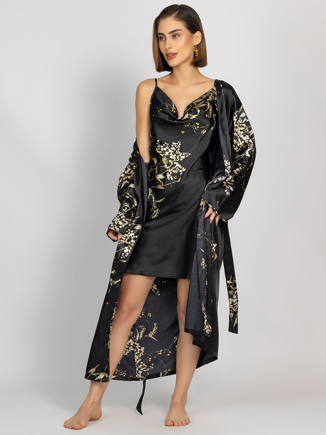 Black Floral Satin Pack Of 5 -Robe Set Nightwear