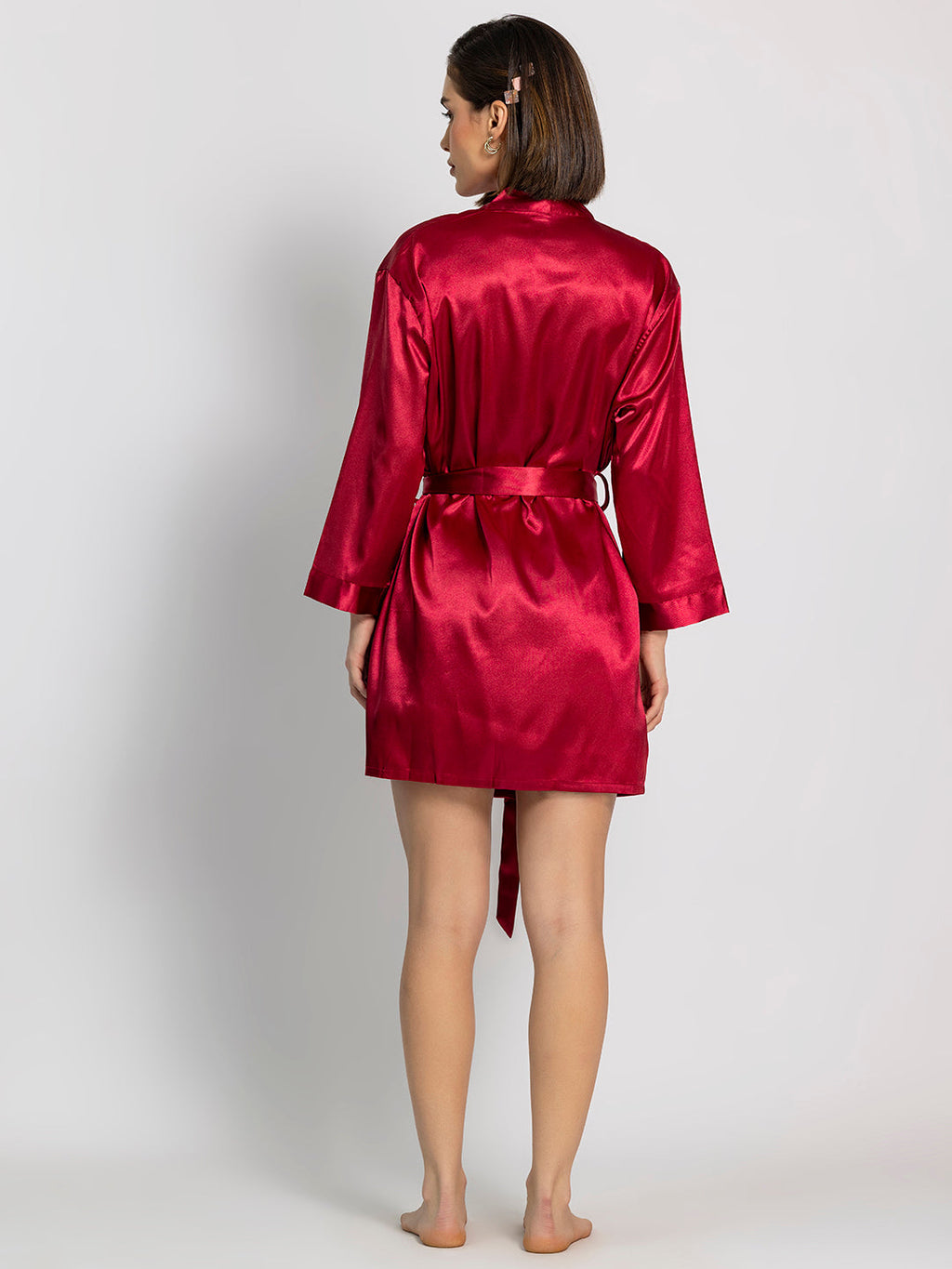 Red Satin Short Dress with Full-Sleeve Robe Set