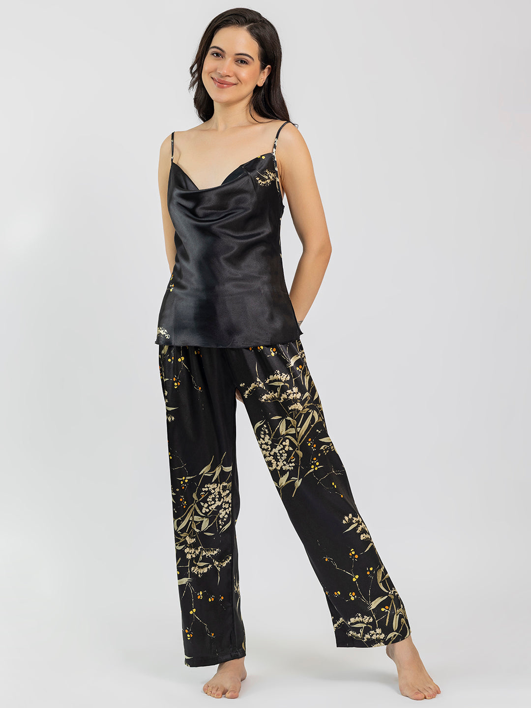 Black Satin Printed Camisole & Pajama Set