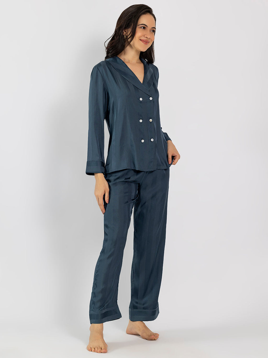 Striped Slate Blue Satin Shirt & Pajama Set