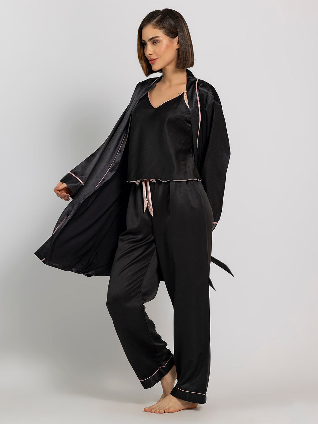 Black Collared Satin Full Sleeves Robe