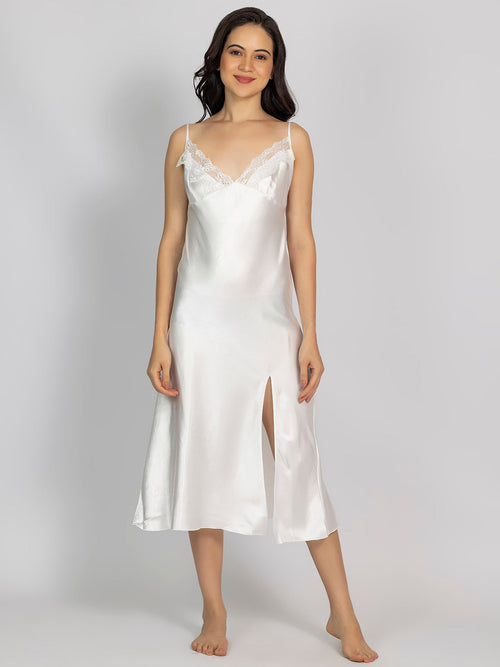 Satin Off White Embroidered Midi Slip NightDress