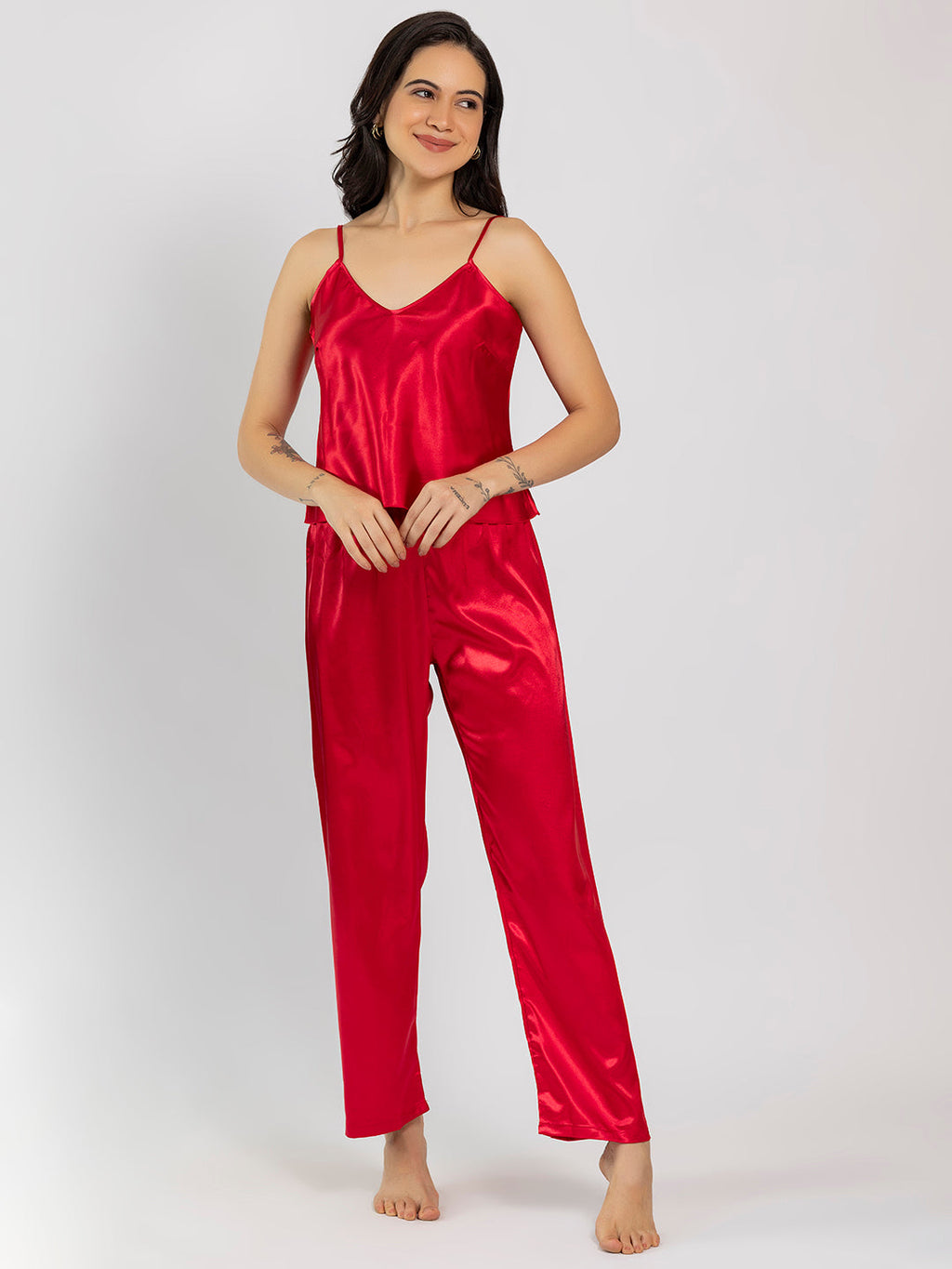 CHELVET Red Satin Camisole & Pajama Set