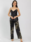 Black Satin Printed Camisole & Pajama Set