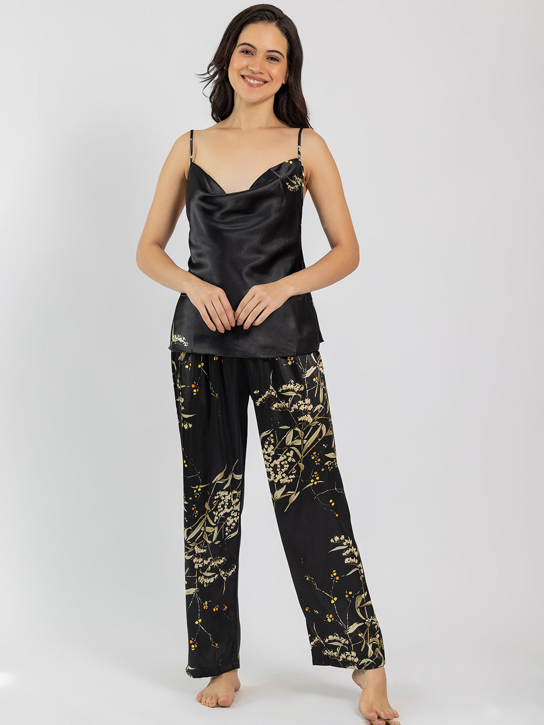 Black Satin Printed Camisole & Pajama Set