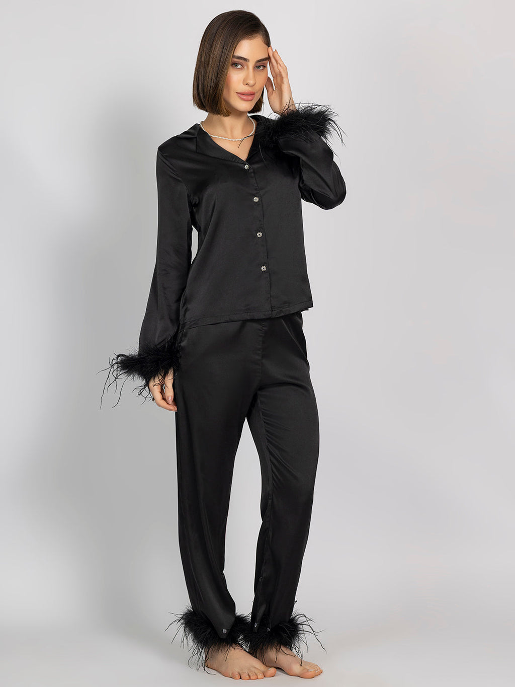 Satin Night Suit Set – Solid Shirt & Pajama With Elegant Fur