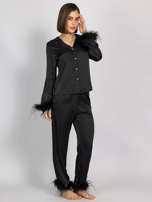 Satin Night Suit Set – Solid Shirt & Pajama With Elegant Fur