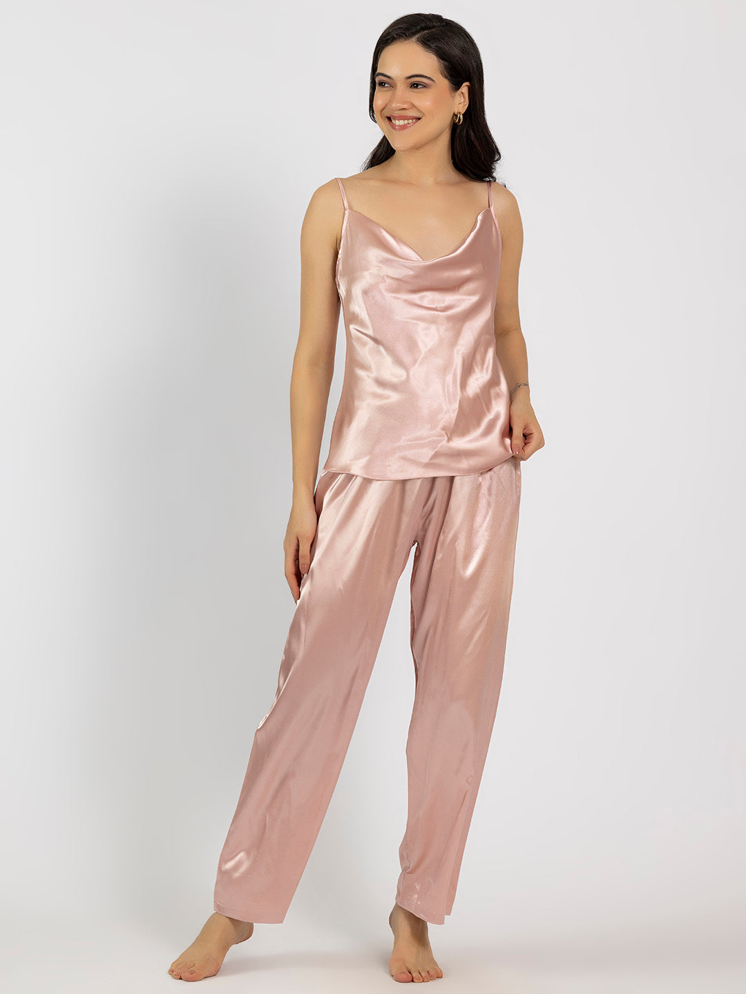 Pink Satin Cowl Neck Camisole & Pajama Set