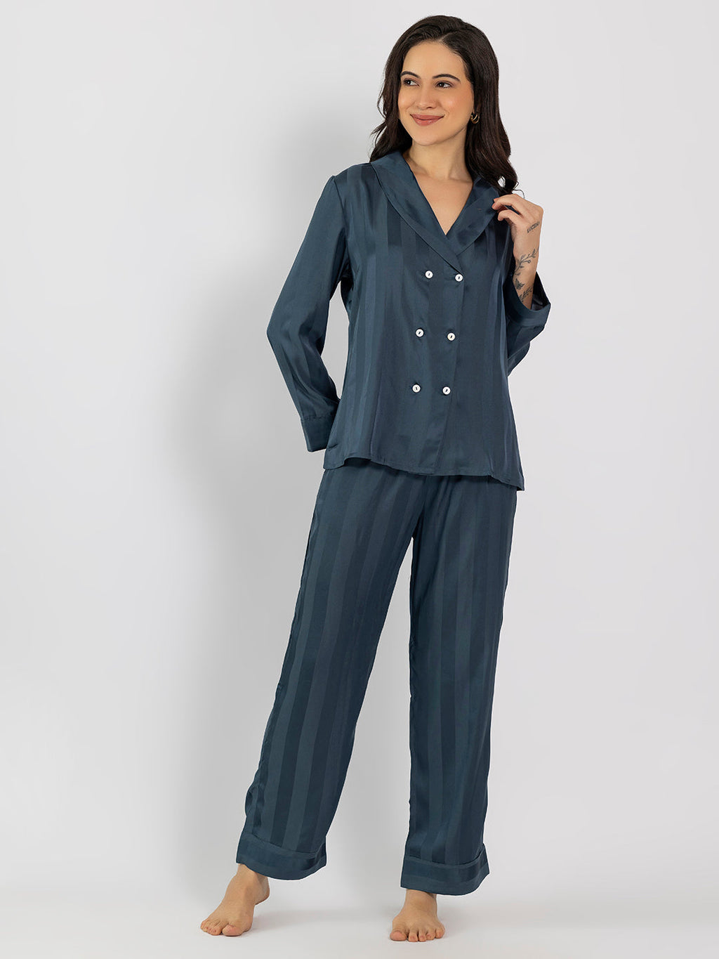 Striped Slate Blue Satin Shirt & Pajama Set