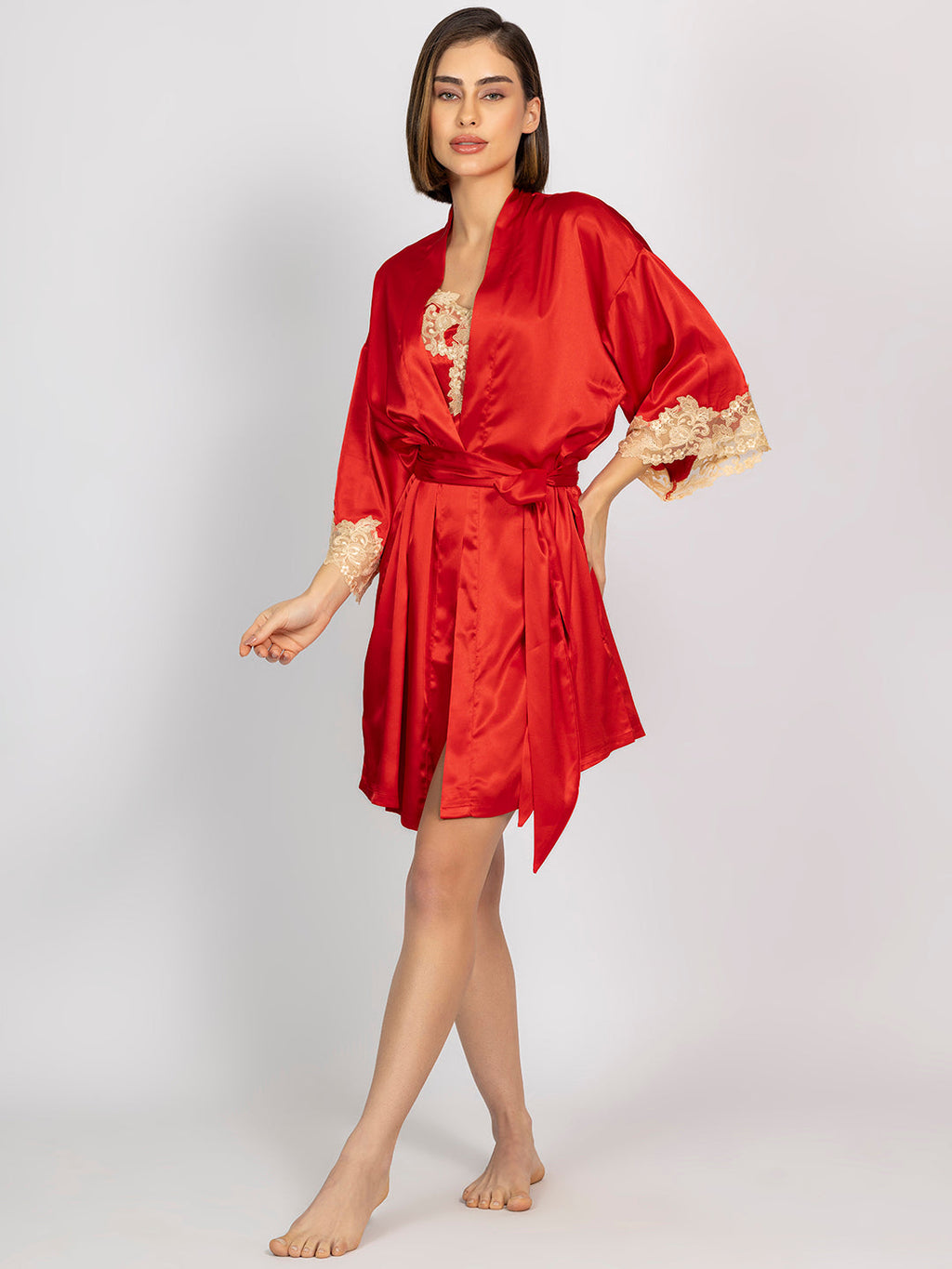 Red Collared Satin Full Sleeves Robe
