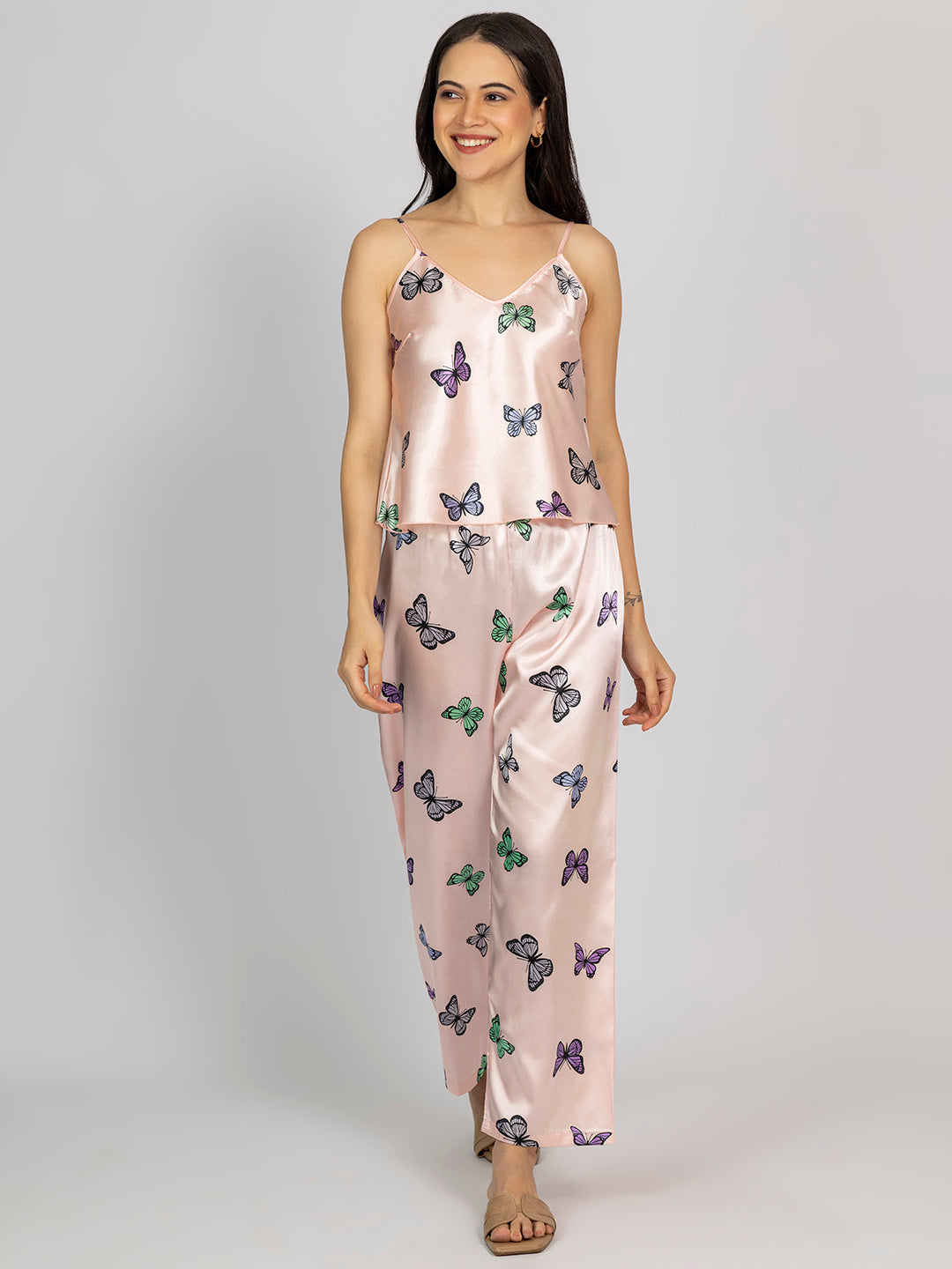 Light Pink Satin Butterfly Print Camisole & Pajama Set