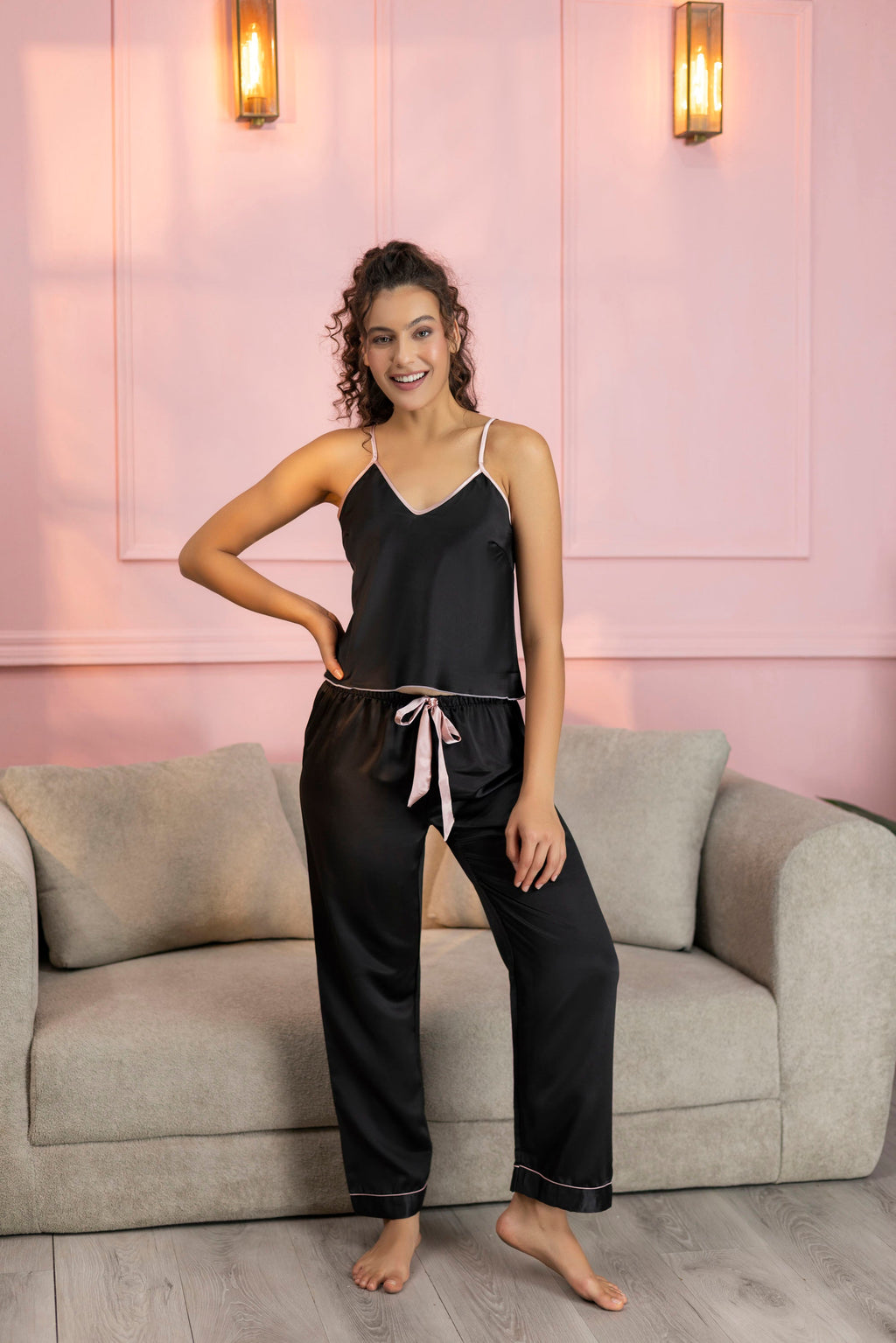 Black Satin Camisole & Pajama Night Set