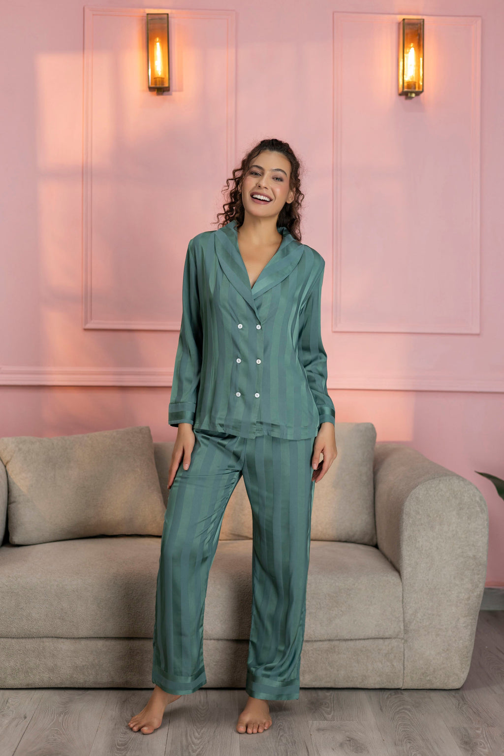 Striped Teal Green Satin Shirt & Pajama Set