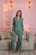 Striped Teal Green Satin Shirt & Pajama Set
