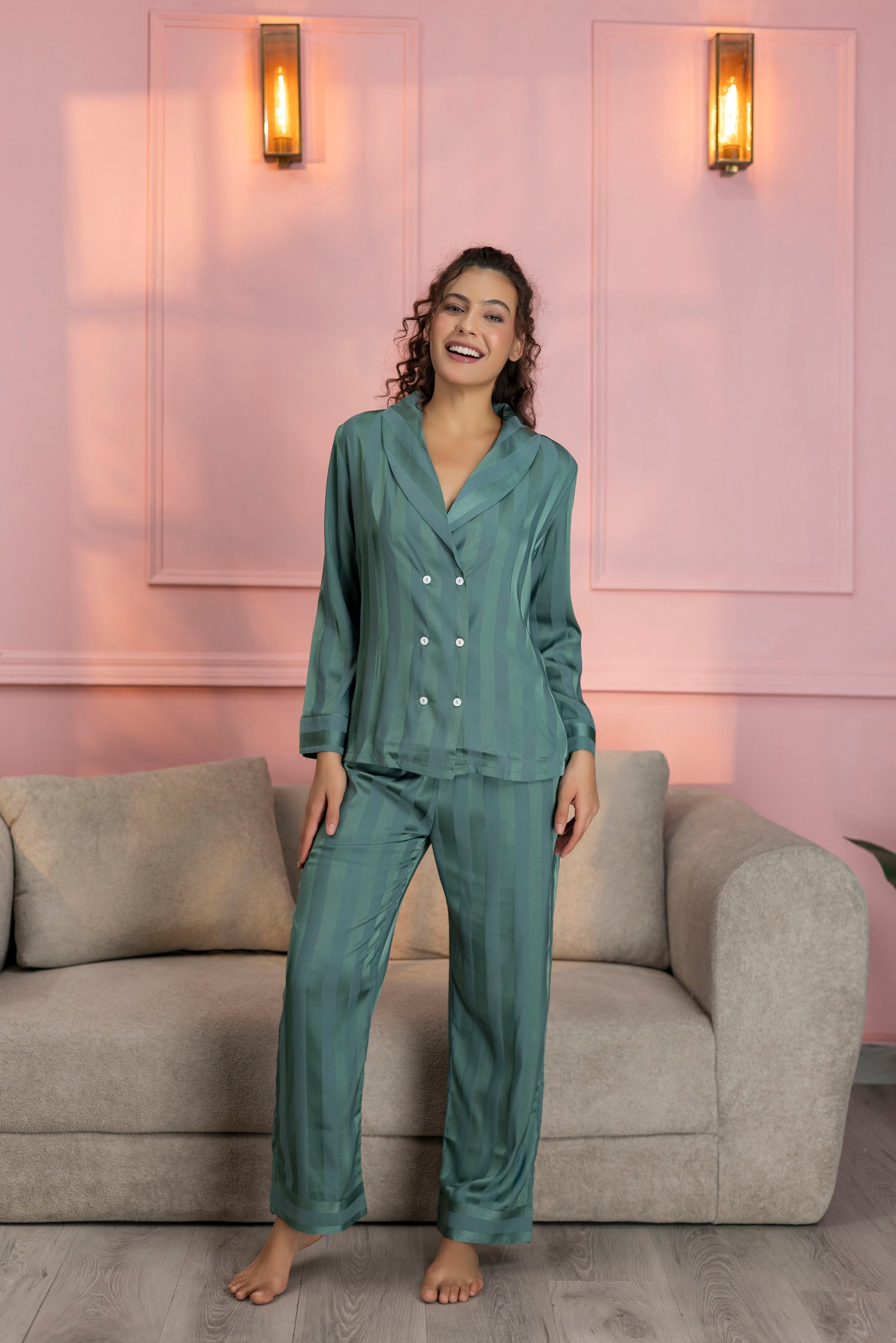 Striped Teal Green Satin Shirt & Pajama Set