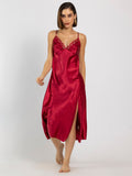 Satin Red Embroidered Midi Slip NightDress