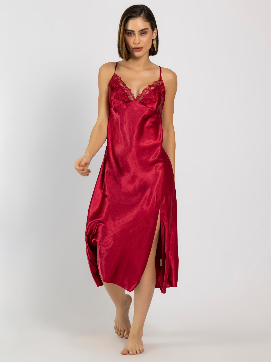 Satin Red Embroidered Midi Slip NightDress