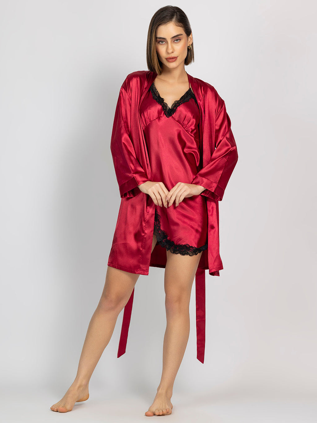 Red Satin Short Dress with Full-Sleeve Robe Set