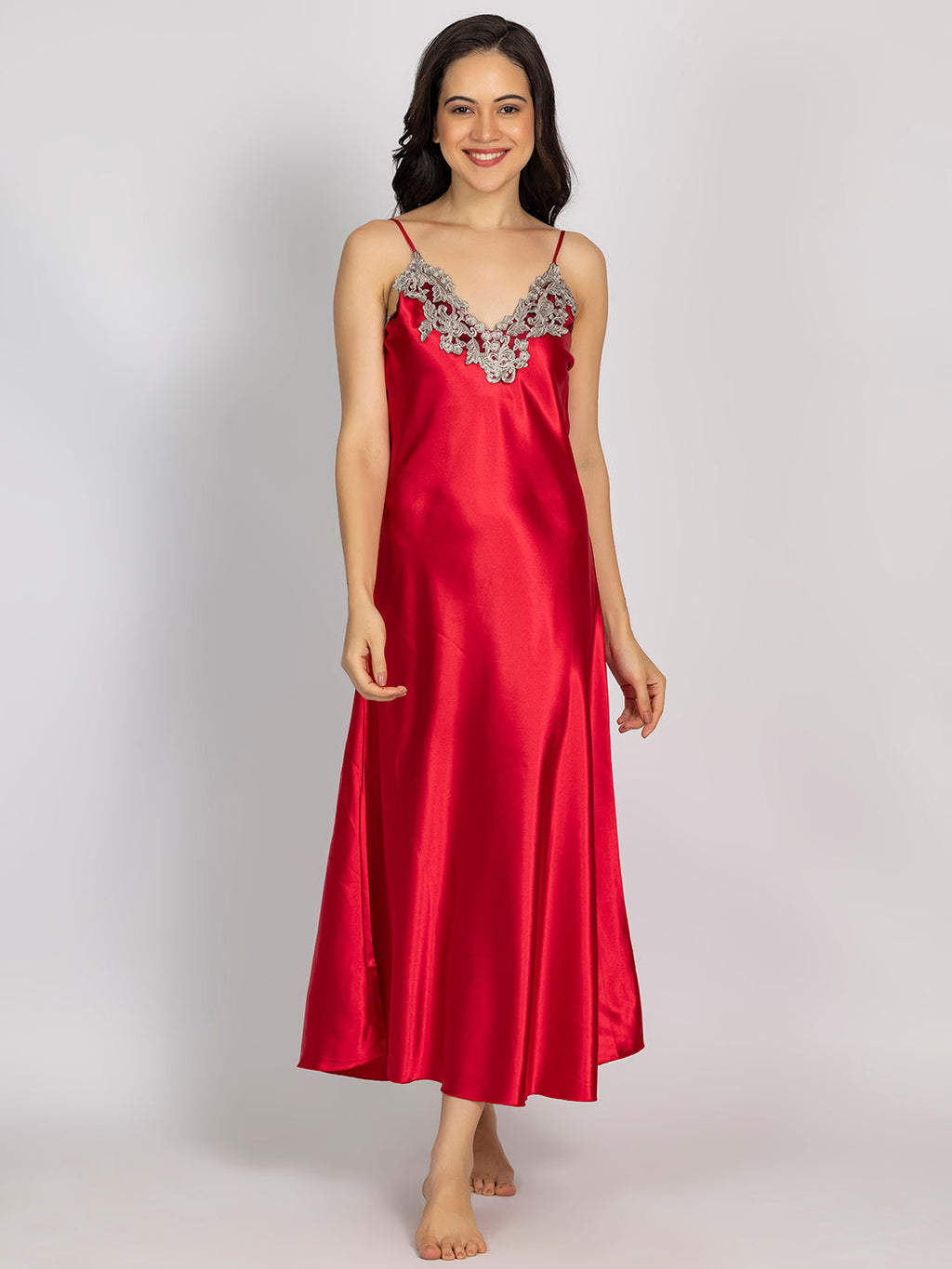 Red Maxi Night Dress with Full-Sleeve Robe