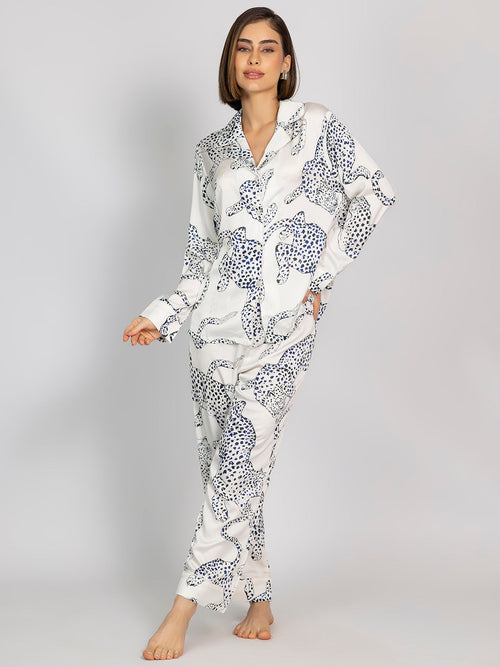 White Animal Printed Satin Shirt & Pajama Set
