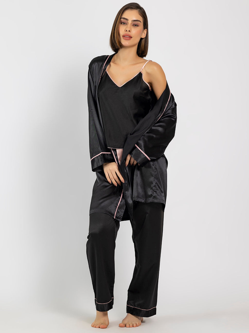 Black Collared Satin Full Sleeves Robe