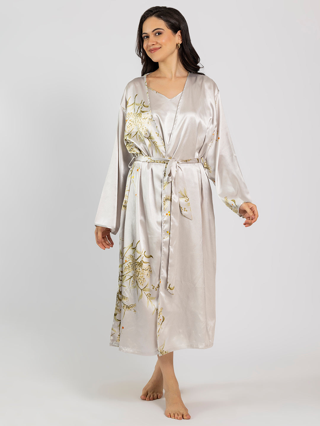 Grey Floral Satin Pack Of 5 -Robe Set Nightwear