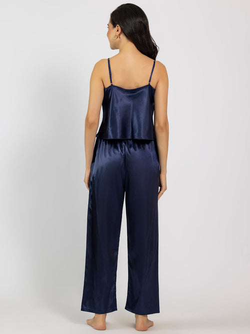 Navy Blue Satin Camisole & Pajama Set