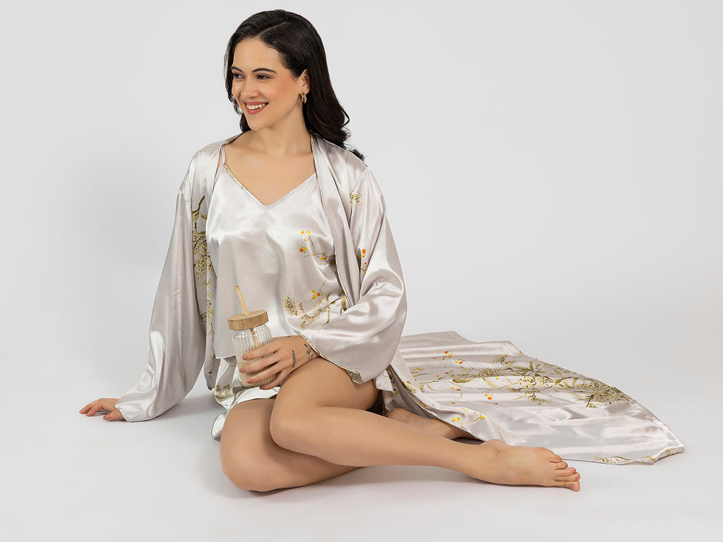 Grey Floral Satin Pack Of 5 -Robe Set Nightwear