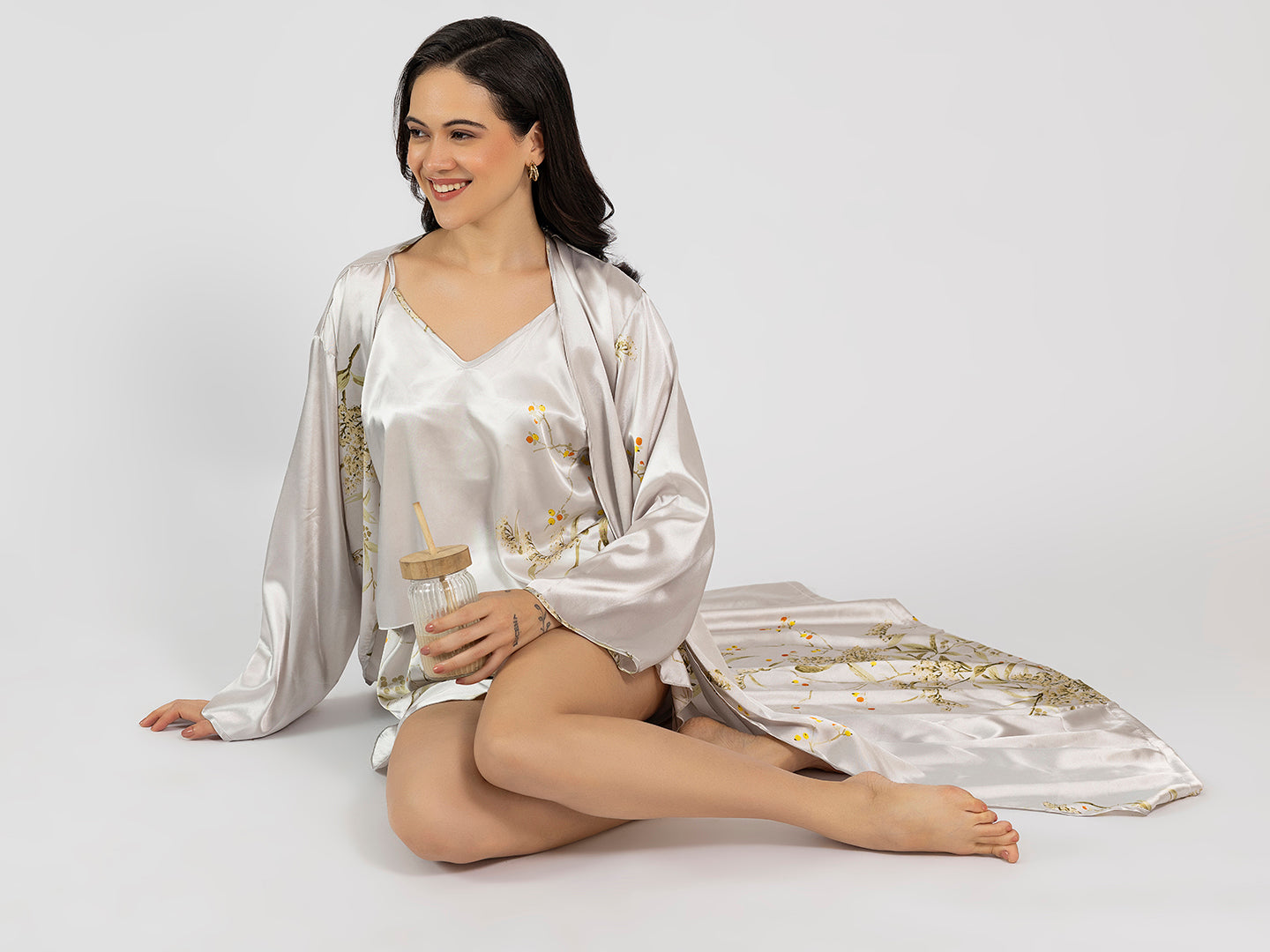 Grey Floral Satin Pack Of 5 -Robe Set Nightwear