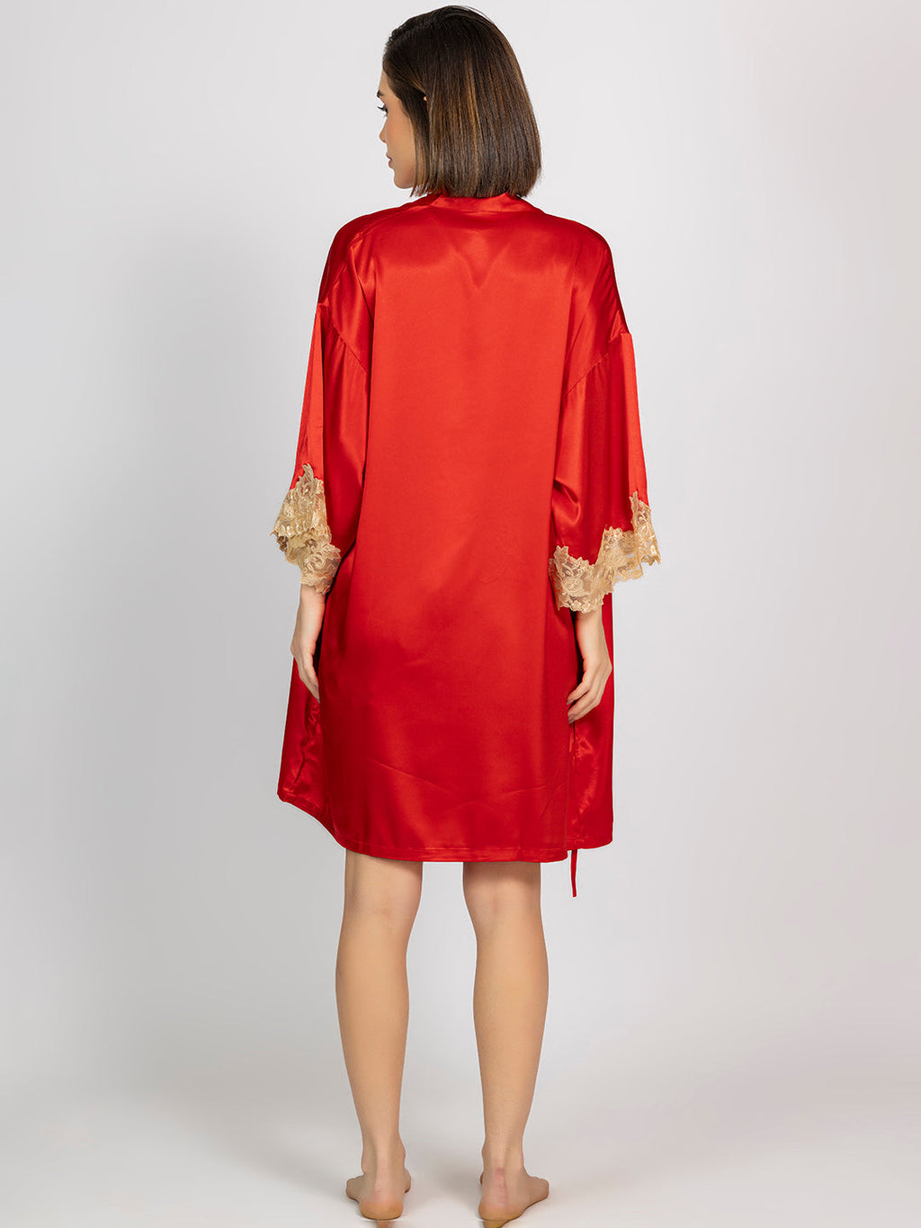 Red Collared Satin Full Sleeves Robe