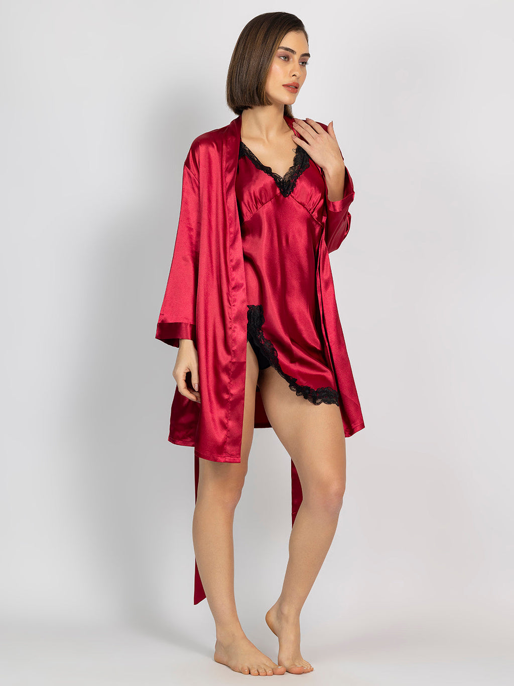 Red Satin Short Dress with Full-Sleeve Robe Set