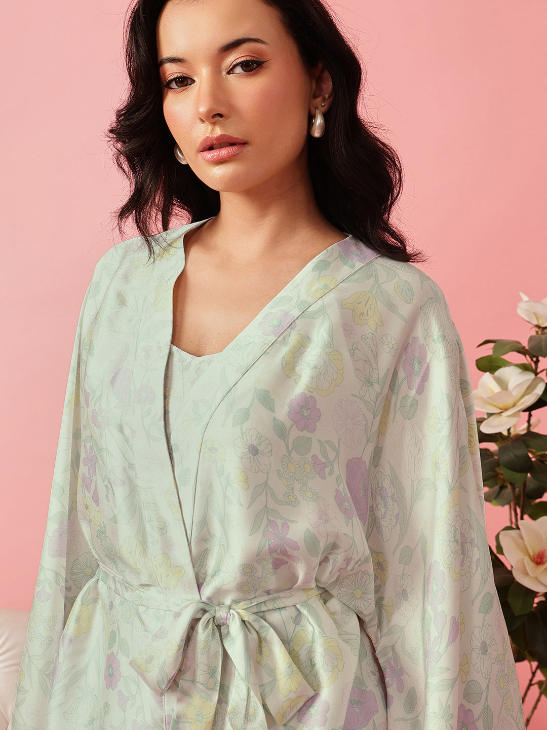 Floral Strappy Nightdress & Full Sleeve Robe Set