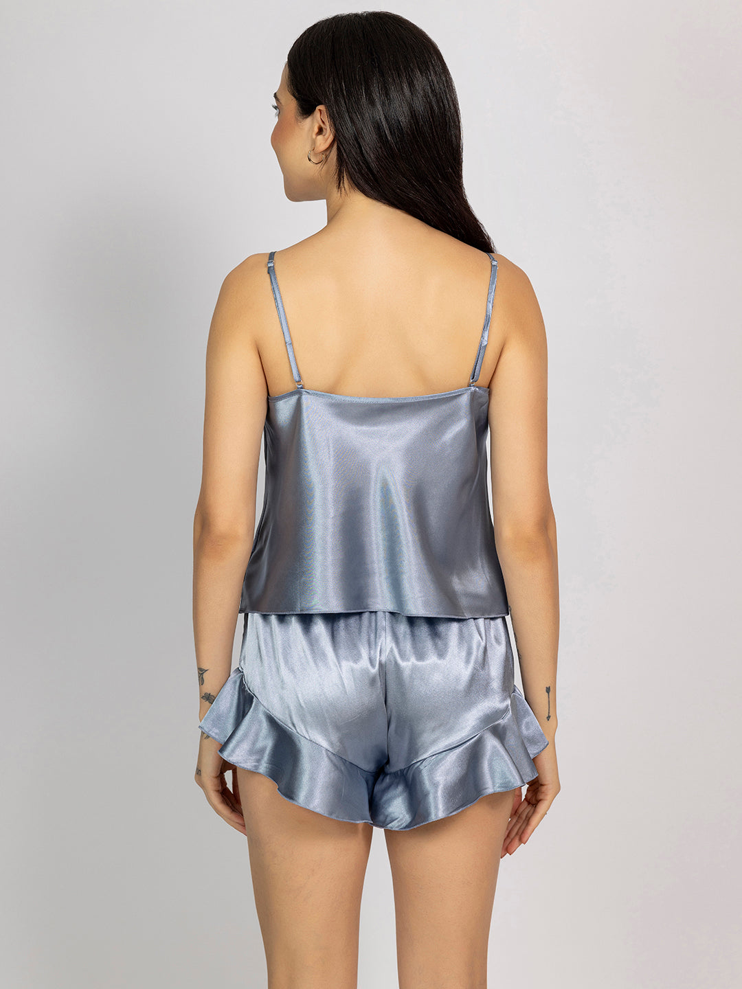 Women Grey Solid Satin Camisole & Shorts Set