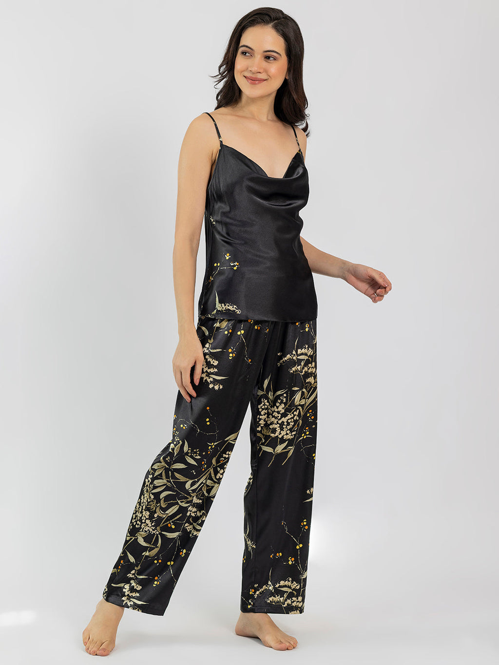 Black Satin Printed Camisole & Pajama Set