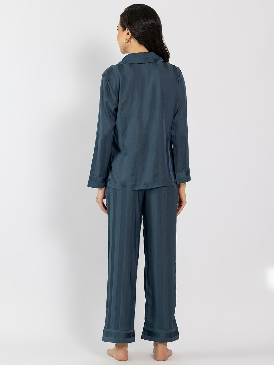 Striped Slate Blue Satin Shirt & Pajama Set
