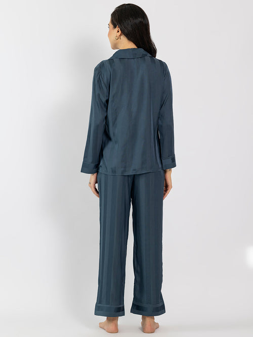 Striped Slate Blue Satin Shirt & Pajama Set